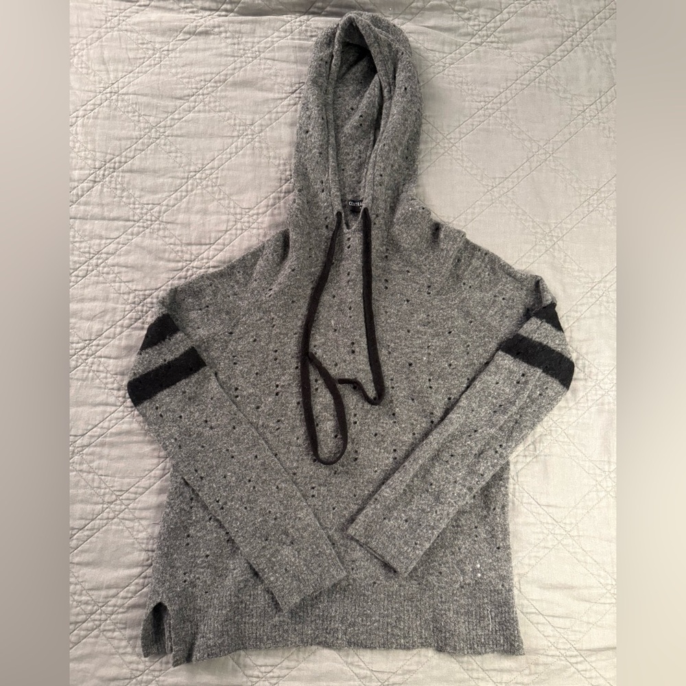 CENTRAL PARK WEST Grey Varsity Striped Perforated Hoodie Sweater, Small